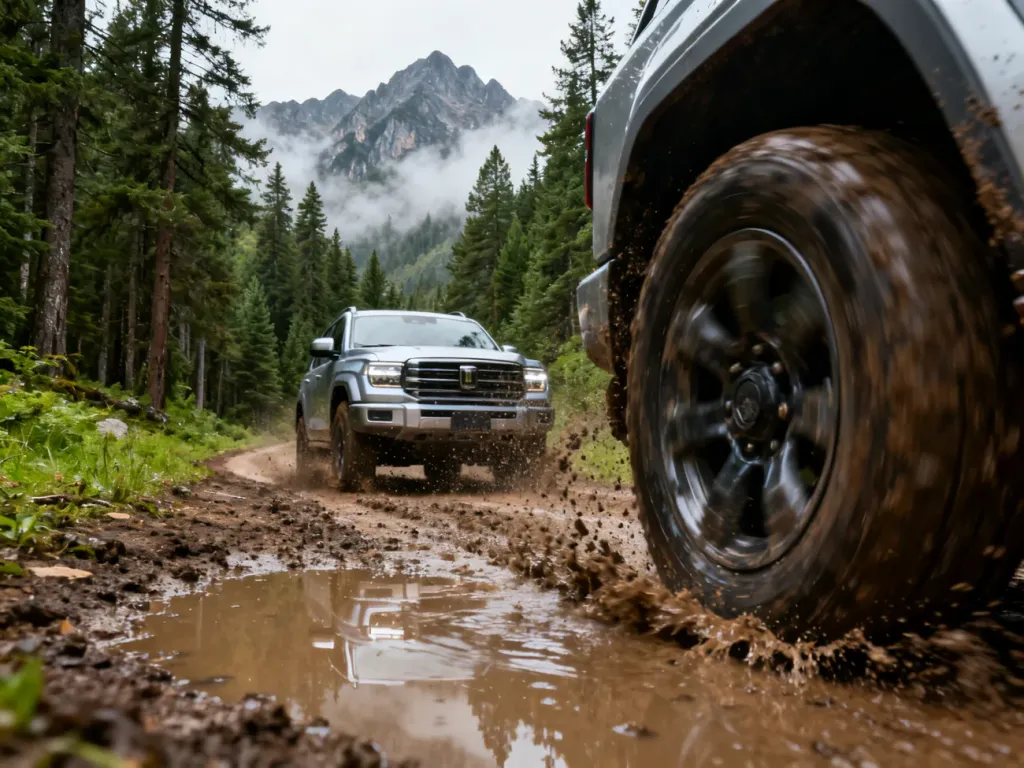 Srebrny SUV Dacia Duster jadący przez błotnistą leśną ścieżkę w górskim krajobrazie.