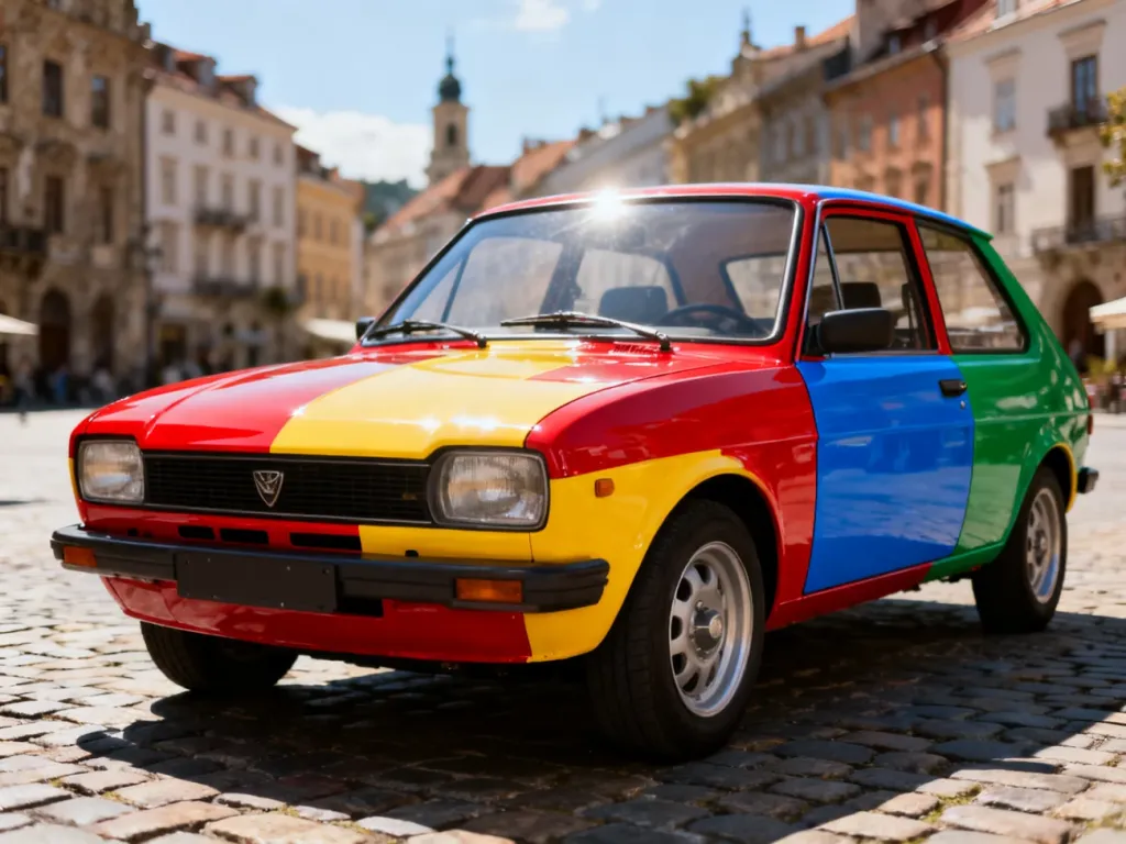 Wielokolorowy Volkswagen Polo Harlekin zaparkowany na brukowanej ulicy w europejskim starym mieście.