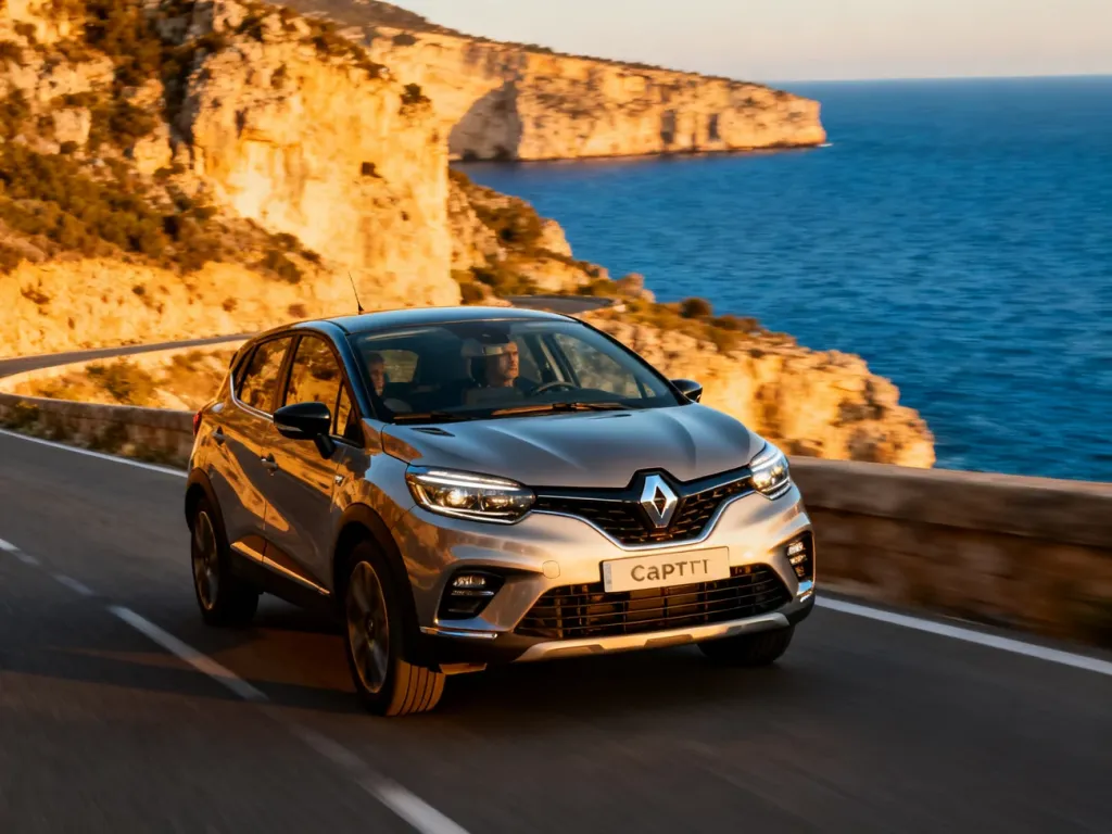 Nowy Renault Captur jadący nadmorską drogą w świetle zachodzącego słońca, podkreślający nowoczesny design SUV-a.