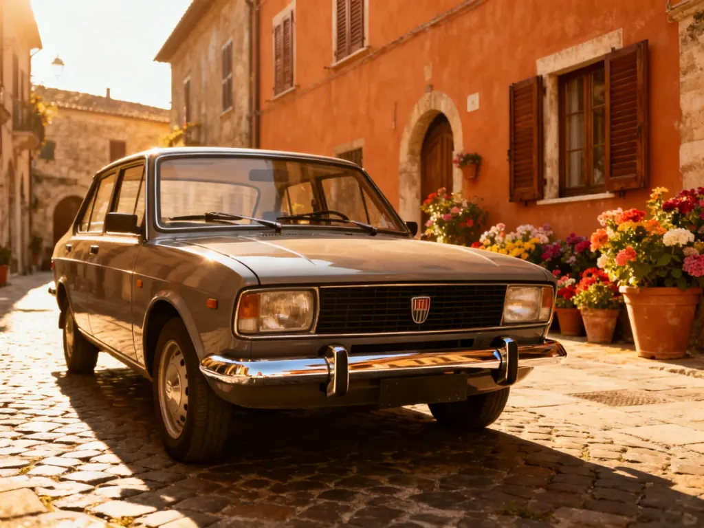 Klasyczny sedan Fiat 131 zaparkowany na wąskiej, słonecznej uliczce włoskiego miasteczka w otoczeniu zabytkowej zabudowy.