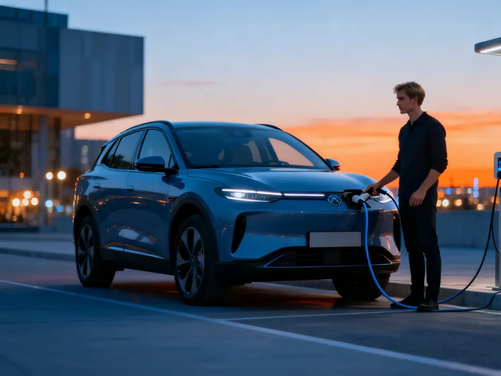 Nowoczesny elektryczny SUV Seres 3 zaparkowany na miejskiej ulicy o zachodzie słońca z mężczyzną trzymającym kabel do ładowania.