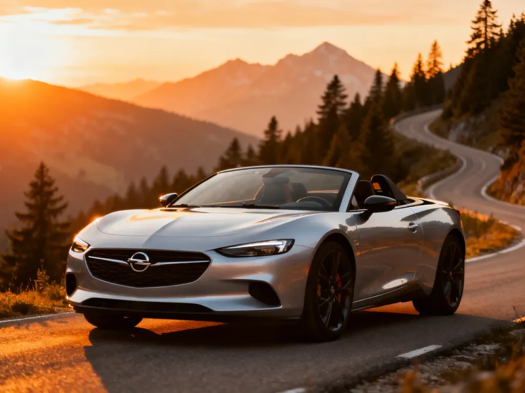Srebrny Opel Speedster zaparkowany na krętej górskiej drodze podczas zachodu słońca, podkreślający jego sportową sylwetkę.