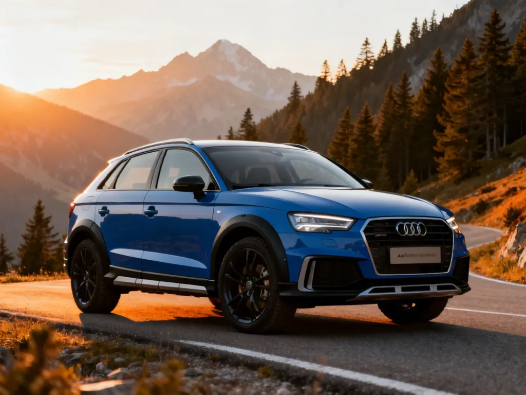 Audi A3 allstreet zaparkowane na górskiej drodze w świetle zachodzącego słońca, podkreślające jego terenowy charakter.