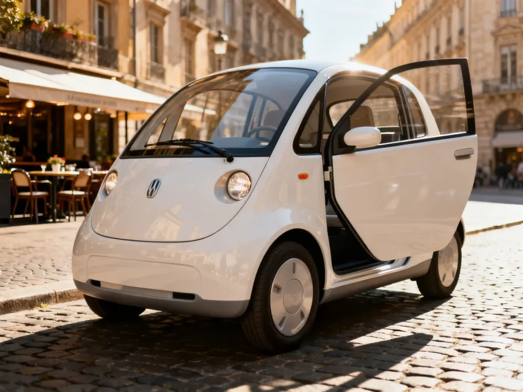 Nowoczesny, kompaktowy samochód elektryczny Microlino zaparkowany na słonecznej, europejskiej ulicy.
