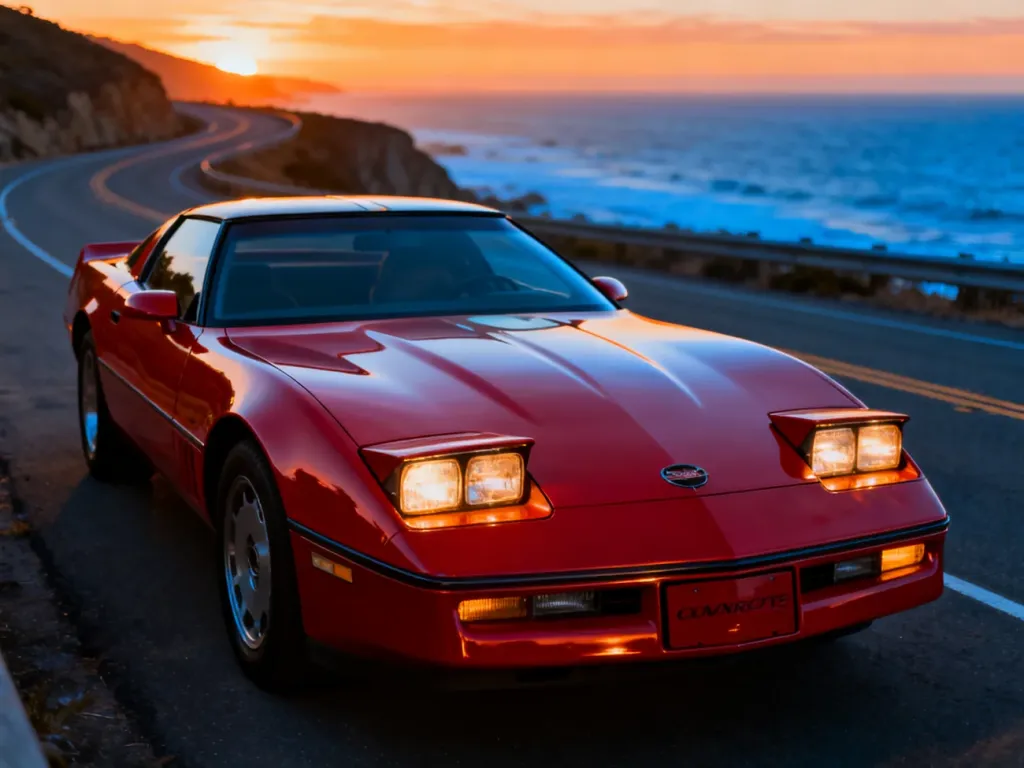 Czerwony Chevrolet Corvette C4 zaparkowany na malowniczej nadmorskiej trasie podczas zachodu słońca.