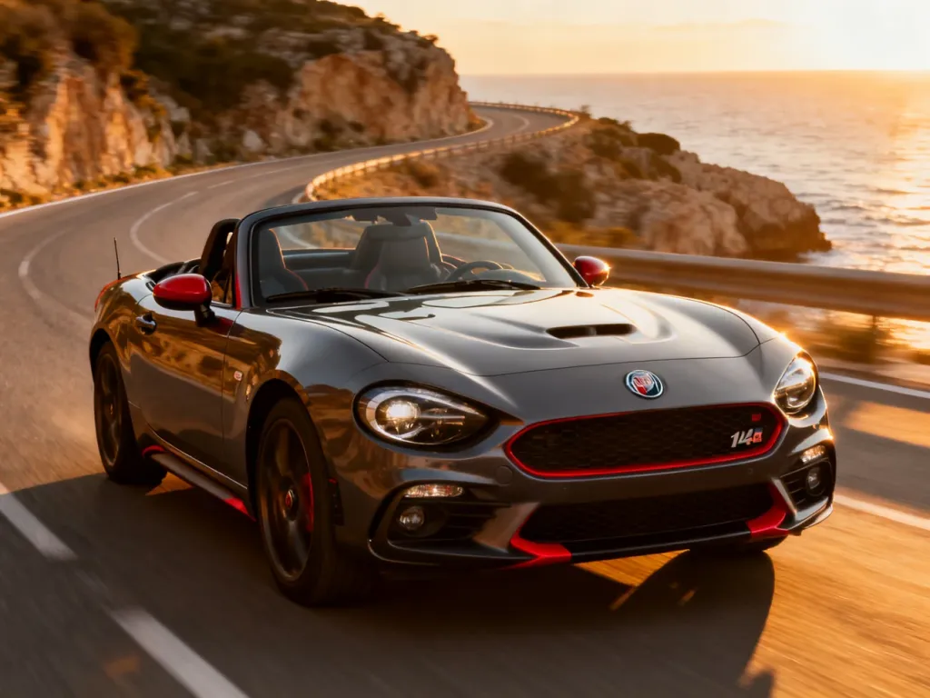 Sportowy Abarth 124 spider jadący krętą nadmorską drogą w blasku zachodzącego słońca.