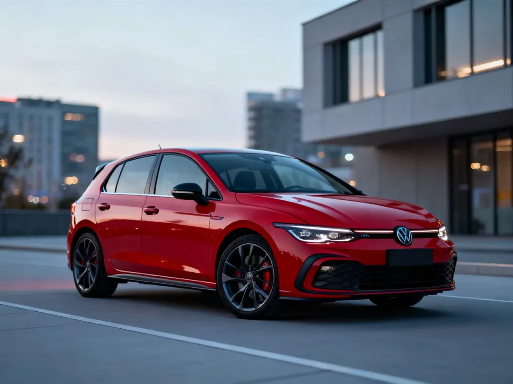 Czerwona Skoda Fabia Monte Carlo zaparkowana na nowoczesnej ulicy, podkreślająca sportowy design i dynamiczną sylwetkę auta.