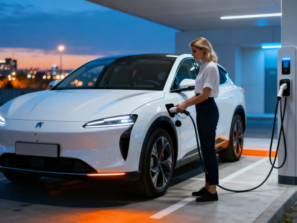 Kobieta ładuje nowoczesnego, białego SUV-a elektrycznego BYD Tang na stacji ładowania o zmierzchu.